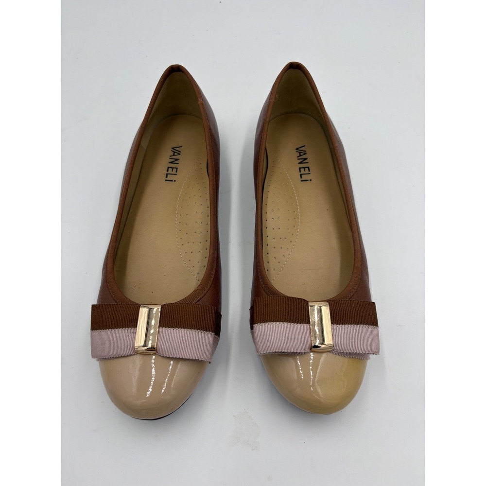 Vaneli Brown Leather Patent Cap Toe Bow Ballet Flats 7.5M Mauve Gold Hardware